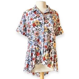 Ophelia Roe women’s floral peplum high-low button down blouse size L boho summer